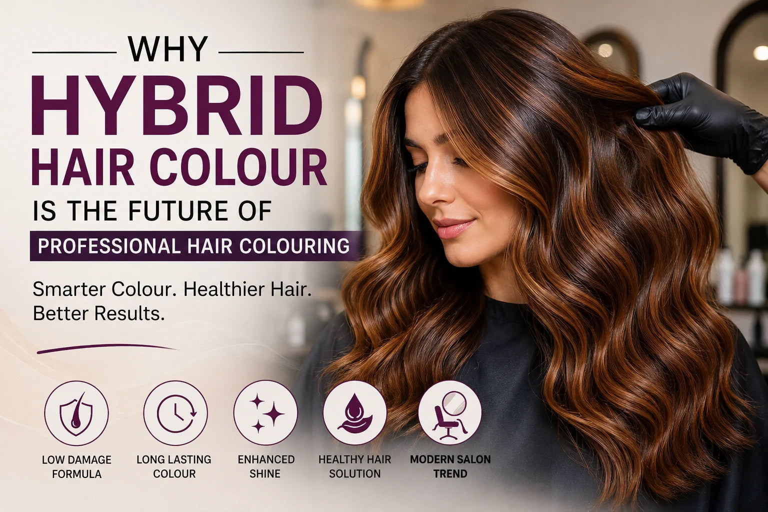 Why Hybrid Hair Colour is the future of professional hair colouring banner featuring a woman with glossy brunette hair and benefits like low damage, long-lasting colour, and enhanced shine.