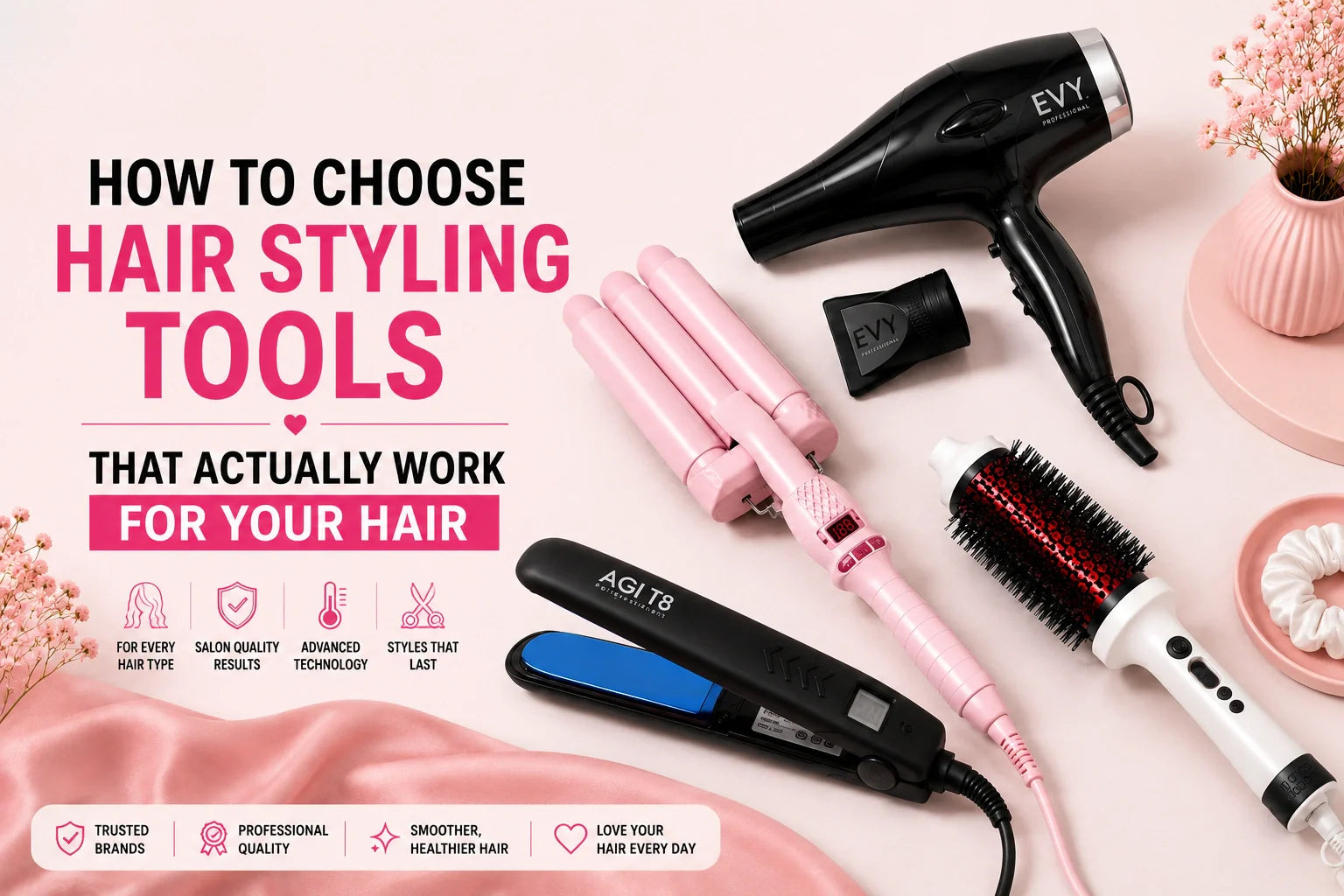Hair styling tools including a hair dryer, straightener, curler and hot brush for all hair types