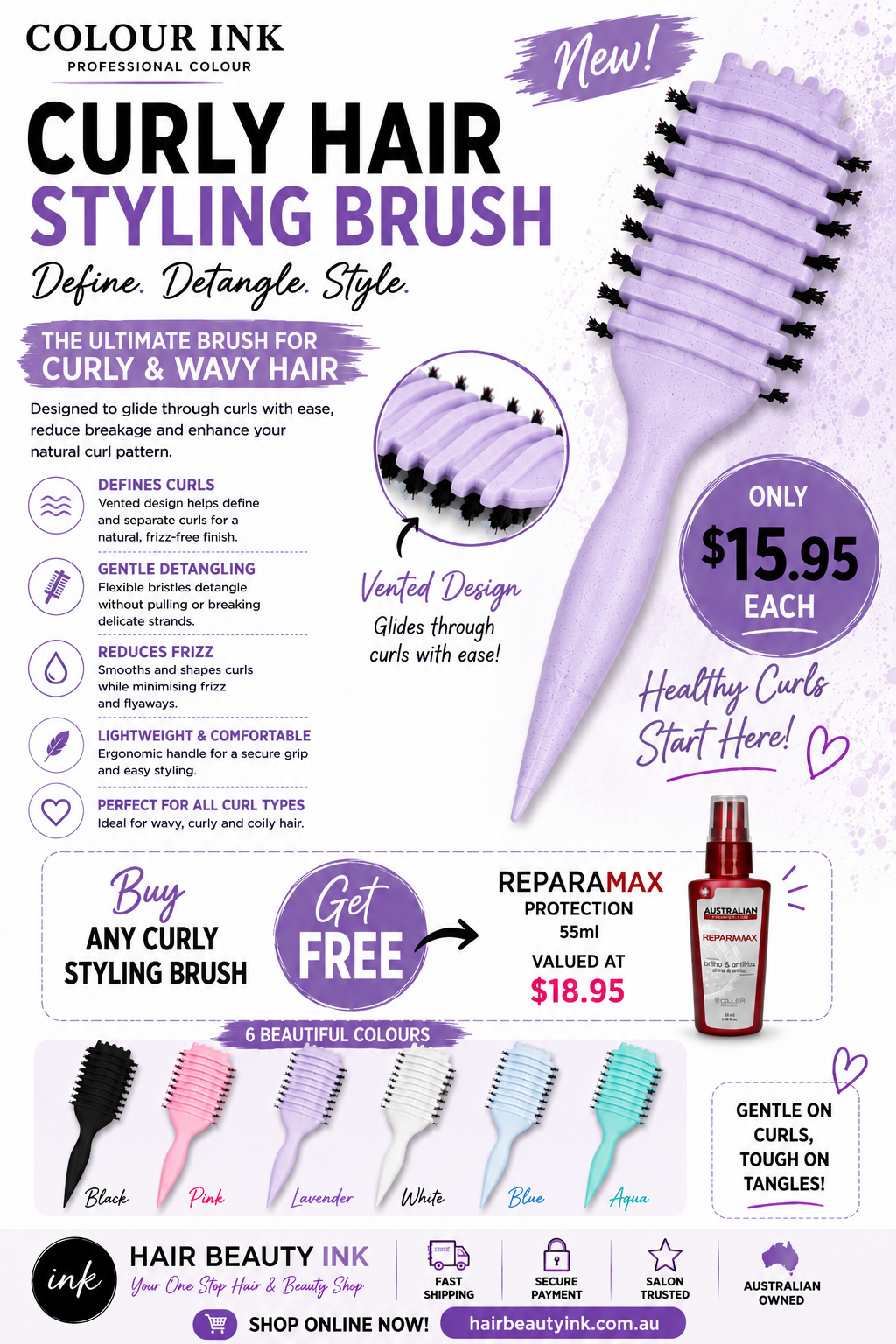Curly Hair Styling Brush Purple