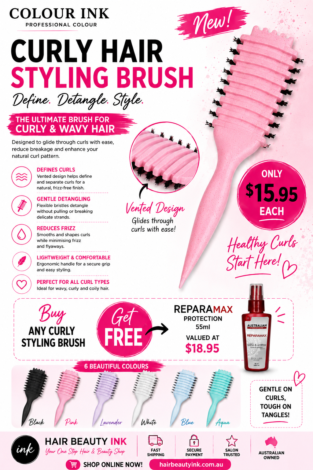 Curly Hair Styling Brush Pink