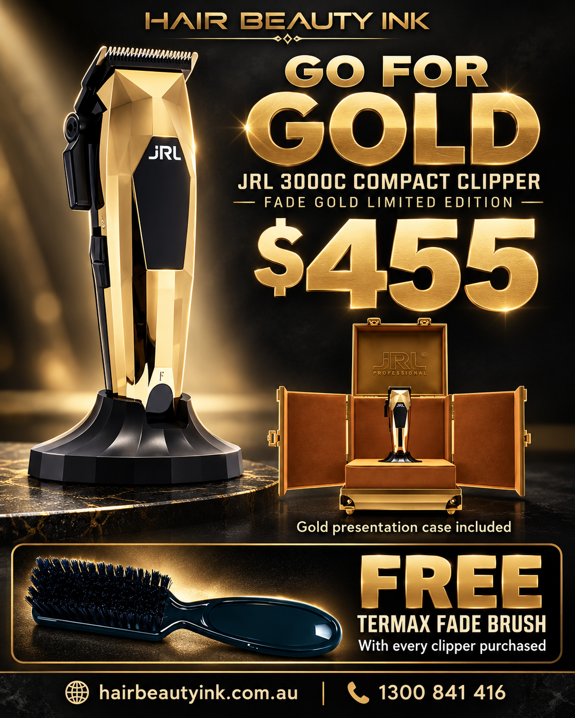 JRL 3000C Compact Clipper - Fade Gold Limited Edition + Bonus Fade Brush