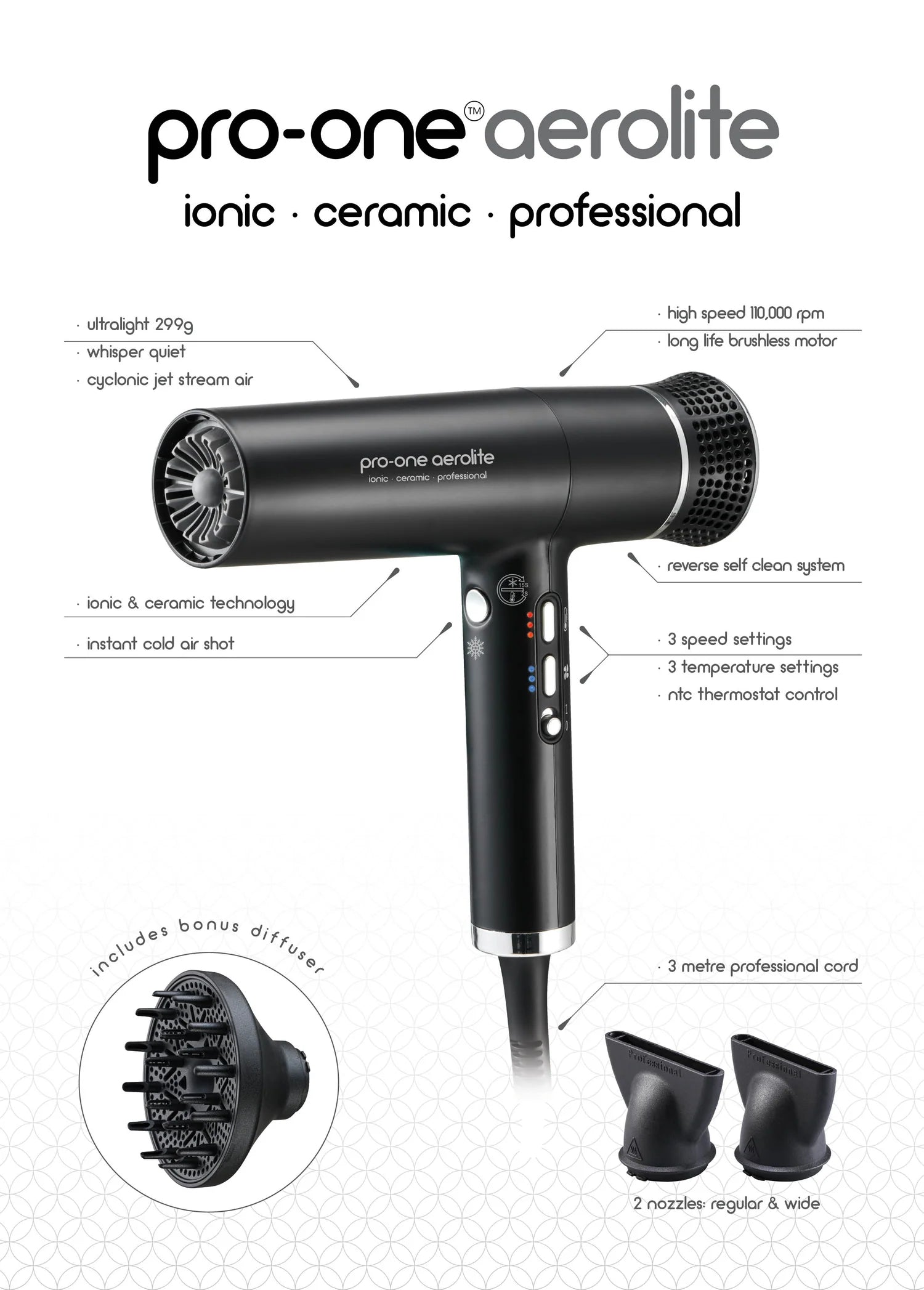 Pro-One Aerolite Hairdryer Black + Bonus Pro-One Airstyler