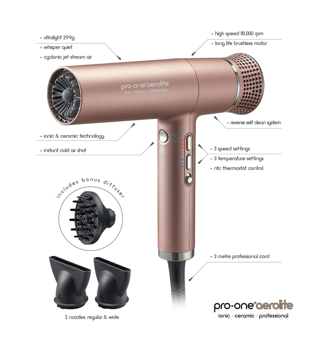 Pro-One Aerolite Hairdryer Gold + Bonus Pro-One Airstyler