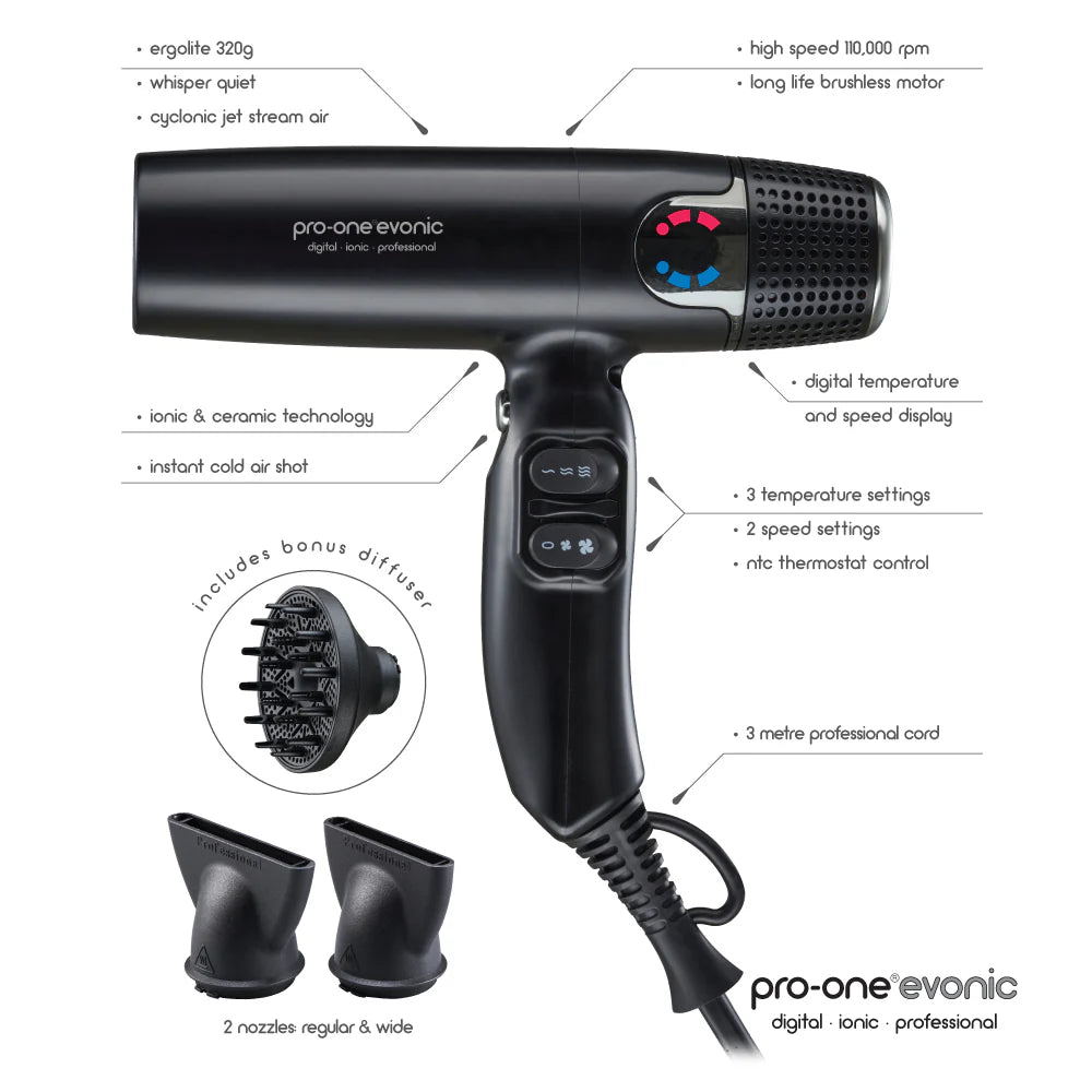 Pro-One EVONIC Hairdryer - BLACK with BONUS Cristalli Miracle Repair Ultra-Soft Treatment