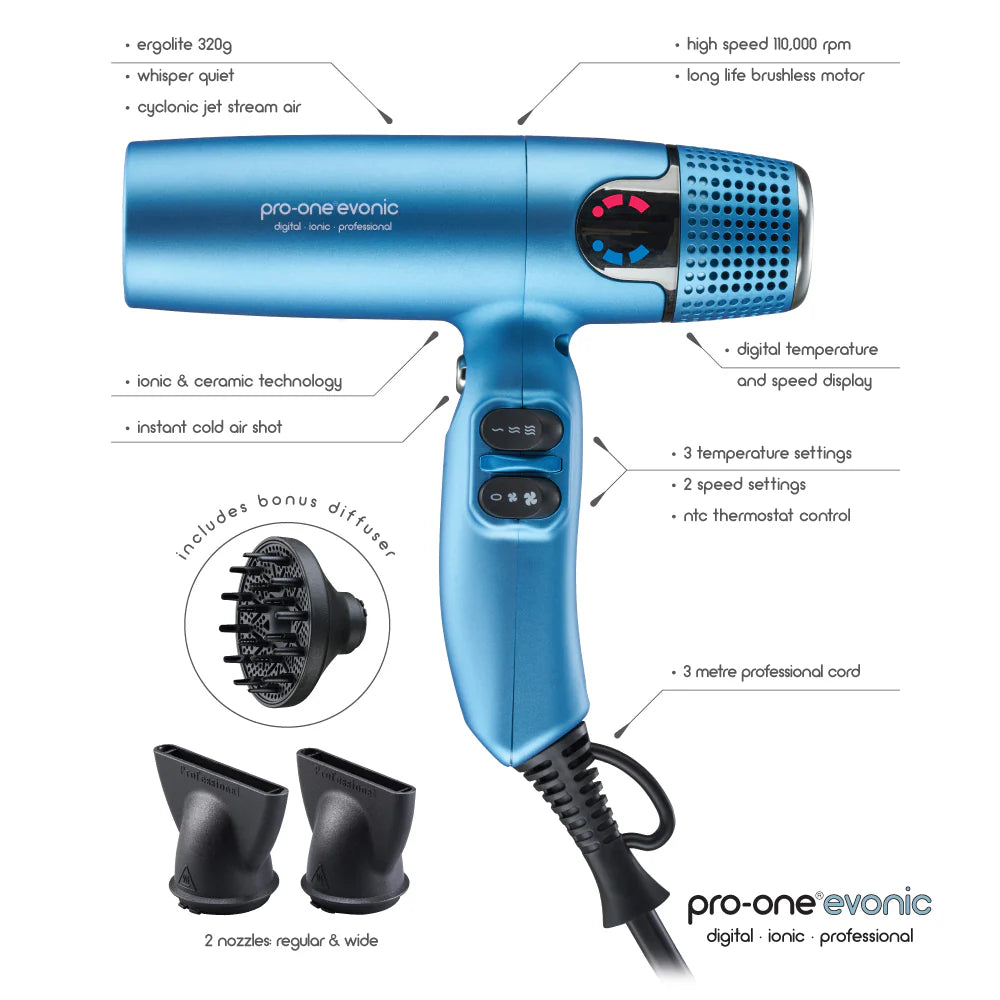 Pro-One EVONIC Hairdryer - BLUE with BONUS Cristalli Miracle Repair Ultra-Soft Treatment