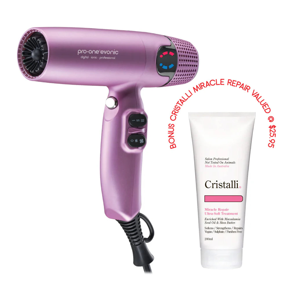 Pro-One EVONIC Hairdryer - PINK with BONUS Cristalli Miracle Repair Ultra-Soft Treatment
