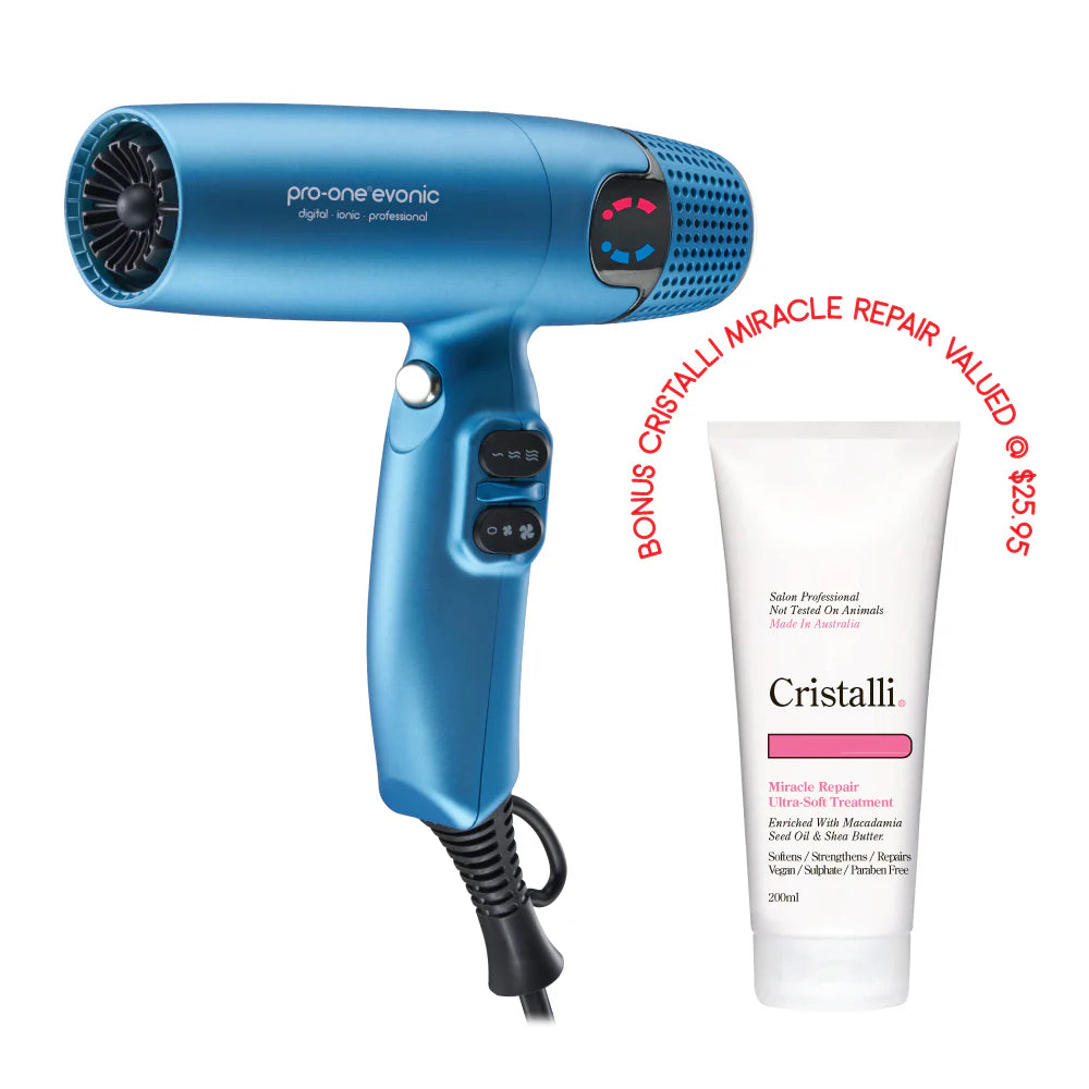 Pro-One EVONIC Hairdryer - BLUE with BONUS Cristalli Miracle Repair Ultra-Soft Treatment