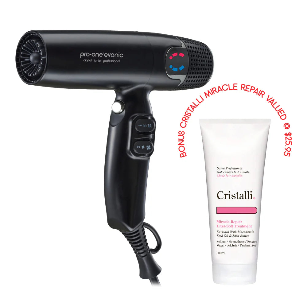 Pro-One EVONIC Hairdryer - BLACK with BONUS Cristalli Miracle Repair Ultra-Soft Treatment