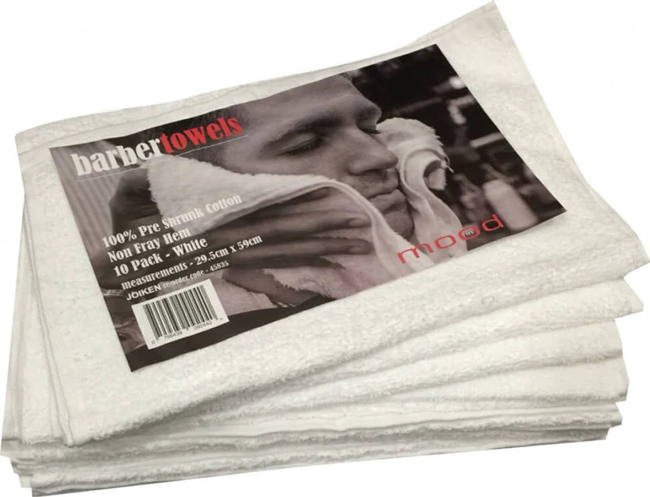 Barber Towels White Cotton 10 Pack Non fray hem