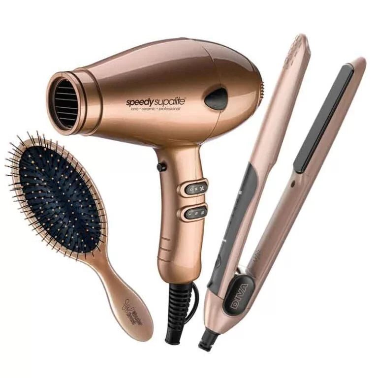 SPEEDY SUPALITE HAIR DRYER & DIVA GLAM STYLER & WONDER BRUSH COMBO GOLD - HairBeautyInk