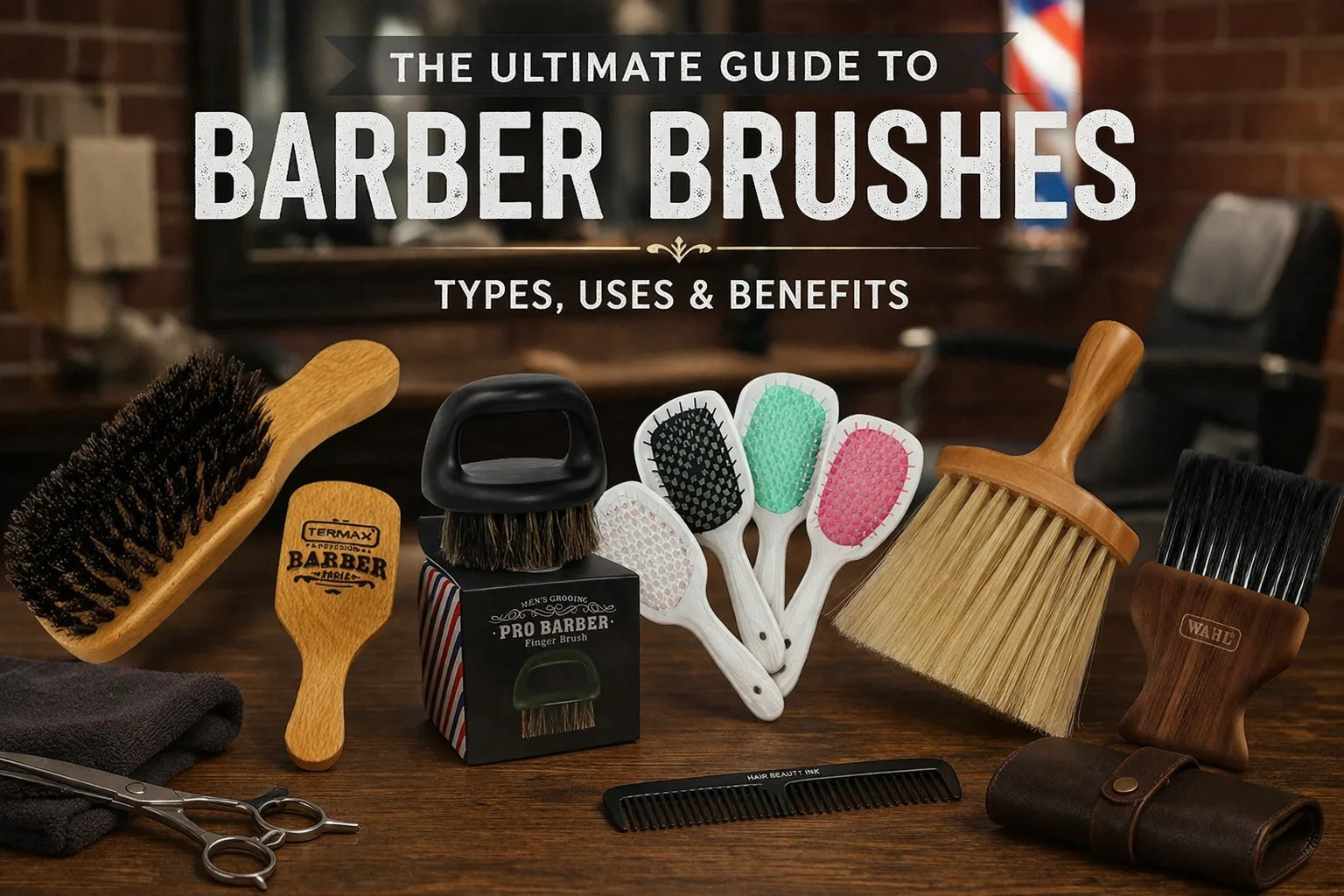 Professional barber brushes set – wooden, soft bristle, finger brush and styling brushes for men’s grooming