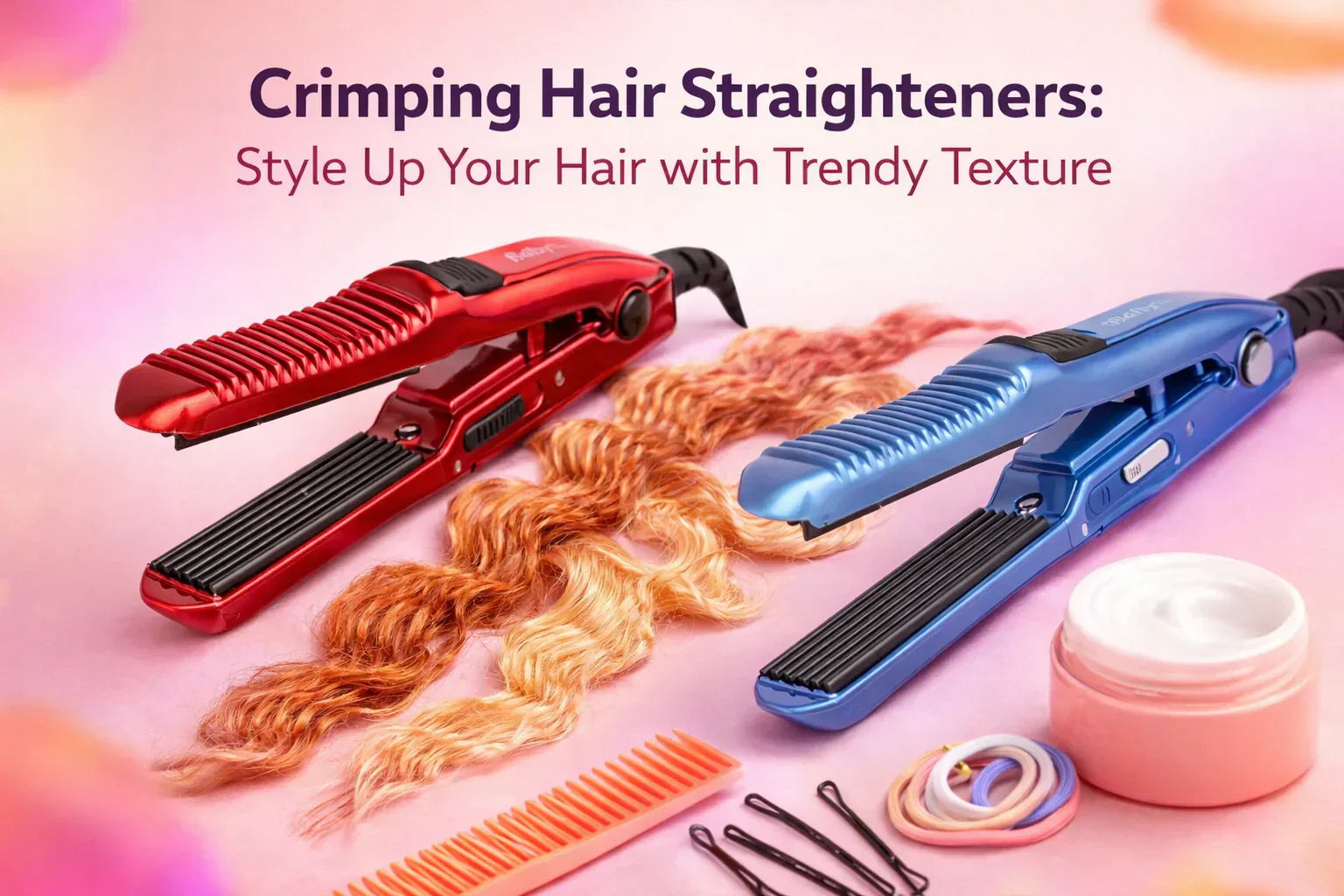 Crimping hair straighteners in red and blue with textured plates, placed on a soft gradient background with crimped hair strands and styling accessories, showcasing modern hair styling tools.