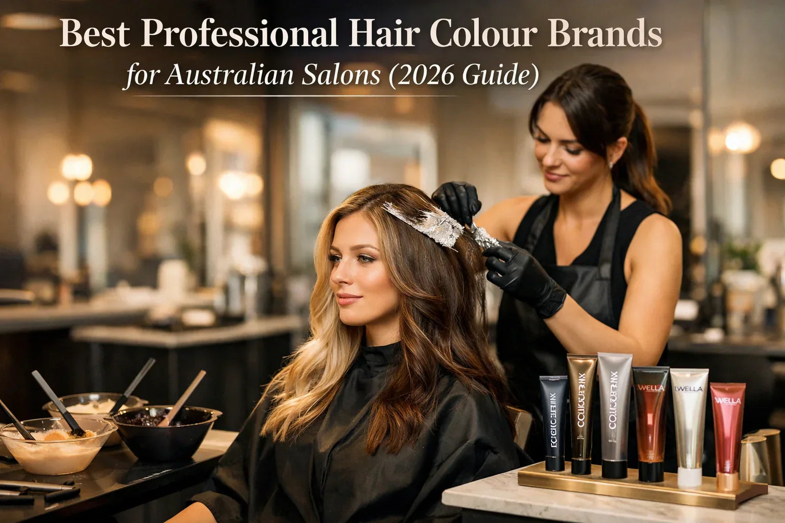 Colour Ink professional hair colour products displayed on a salon table while a hairstylist applies blonde and brunette hair colour to a client in a modern Australian salon (2026 guide).