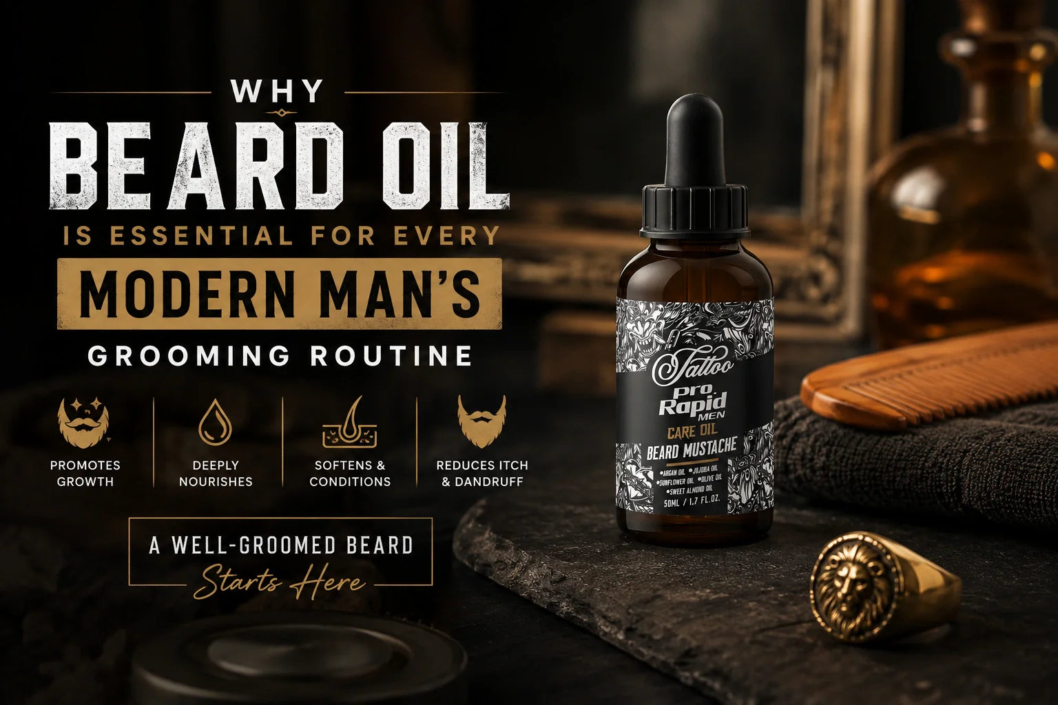 Modern man using premium beard oil for beard grooming routine