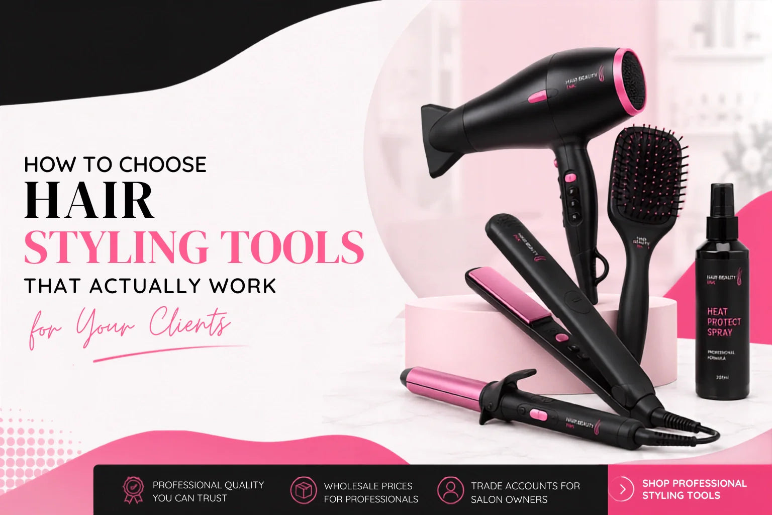 Professional hair styling tools - hair dryer, flat iron, curling iron and heat protect spray 