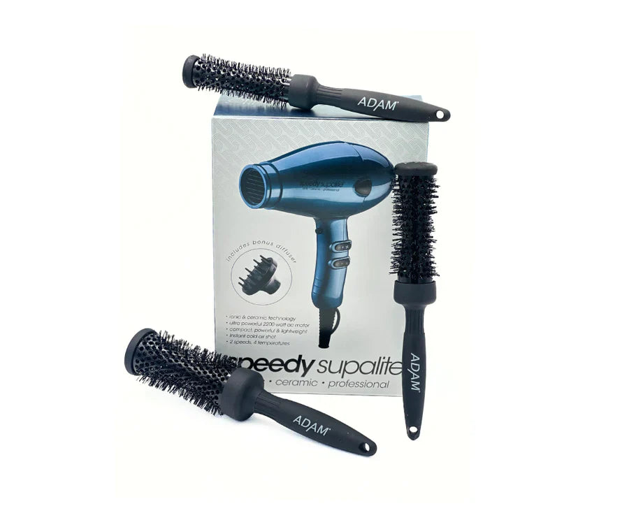 Speedy Supalite professional Hair Dryer - with free Adam professional brushes (25mm, 33mm, and 43mm) Steel Blue