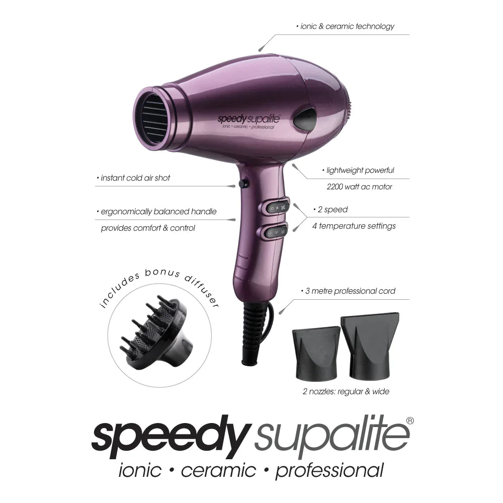 Speedy Supalite professional Hair Dryer - with free Adam professional brushes (25mm, 33mm, and 43mm) Purple