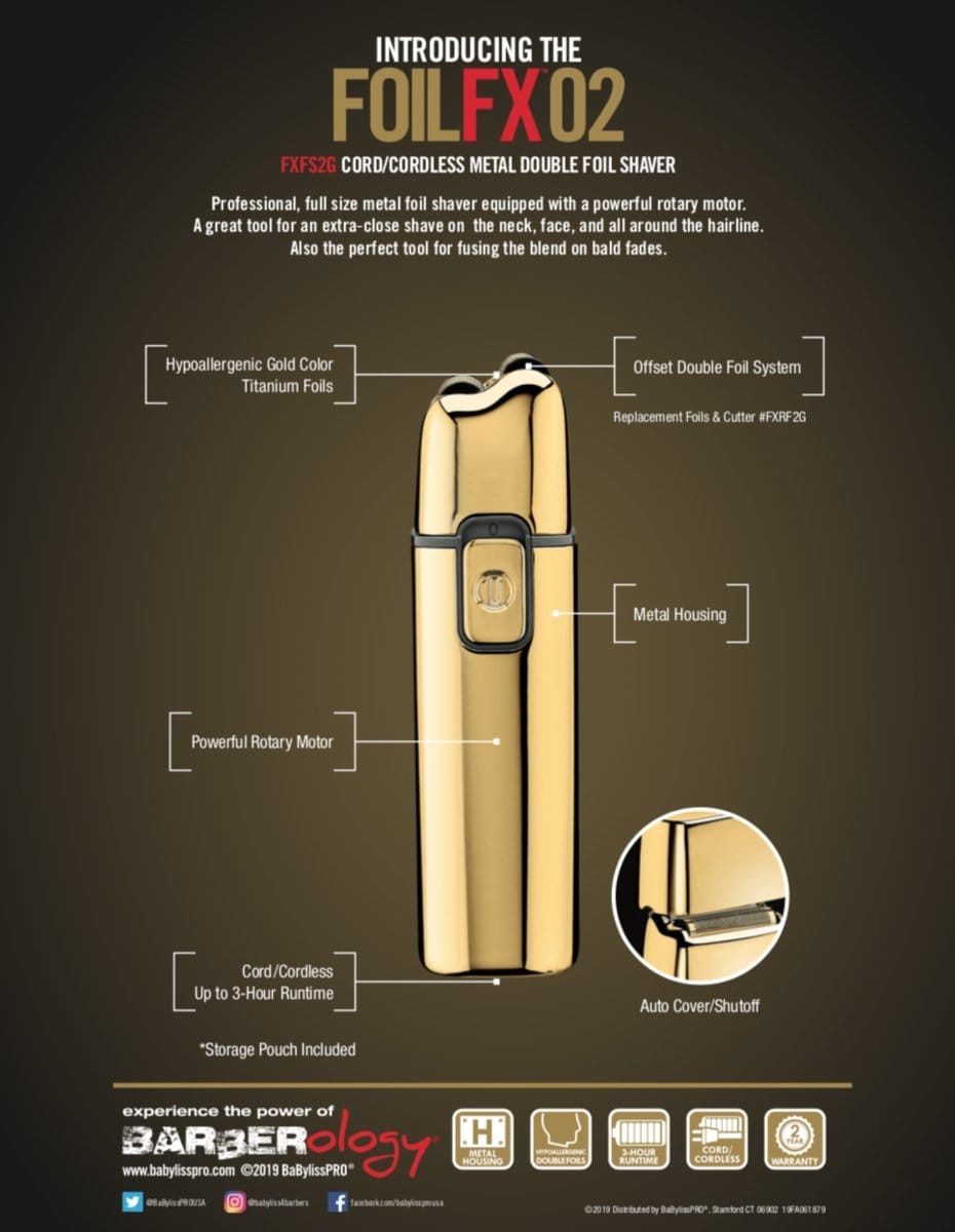 BaBylissPRO Foil FX02 Cordless Metal Double Foil Shaver Gold