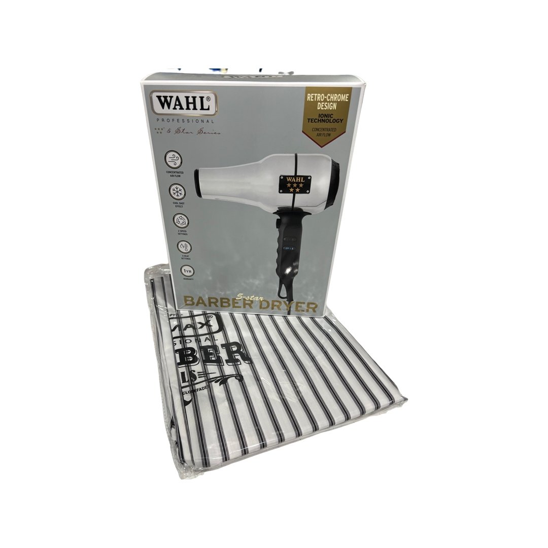 WAHL PROFESSIONAL 5 STAR BARBER DRYER + PINSTRIPE BARBERS CAPE FREE - HairBeautyInk